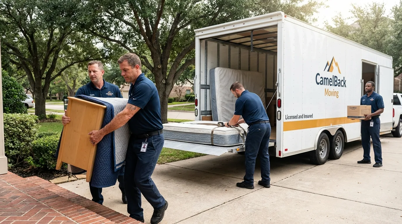 Crew loading residential truck for cross-state move from Hemphill, TX