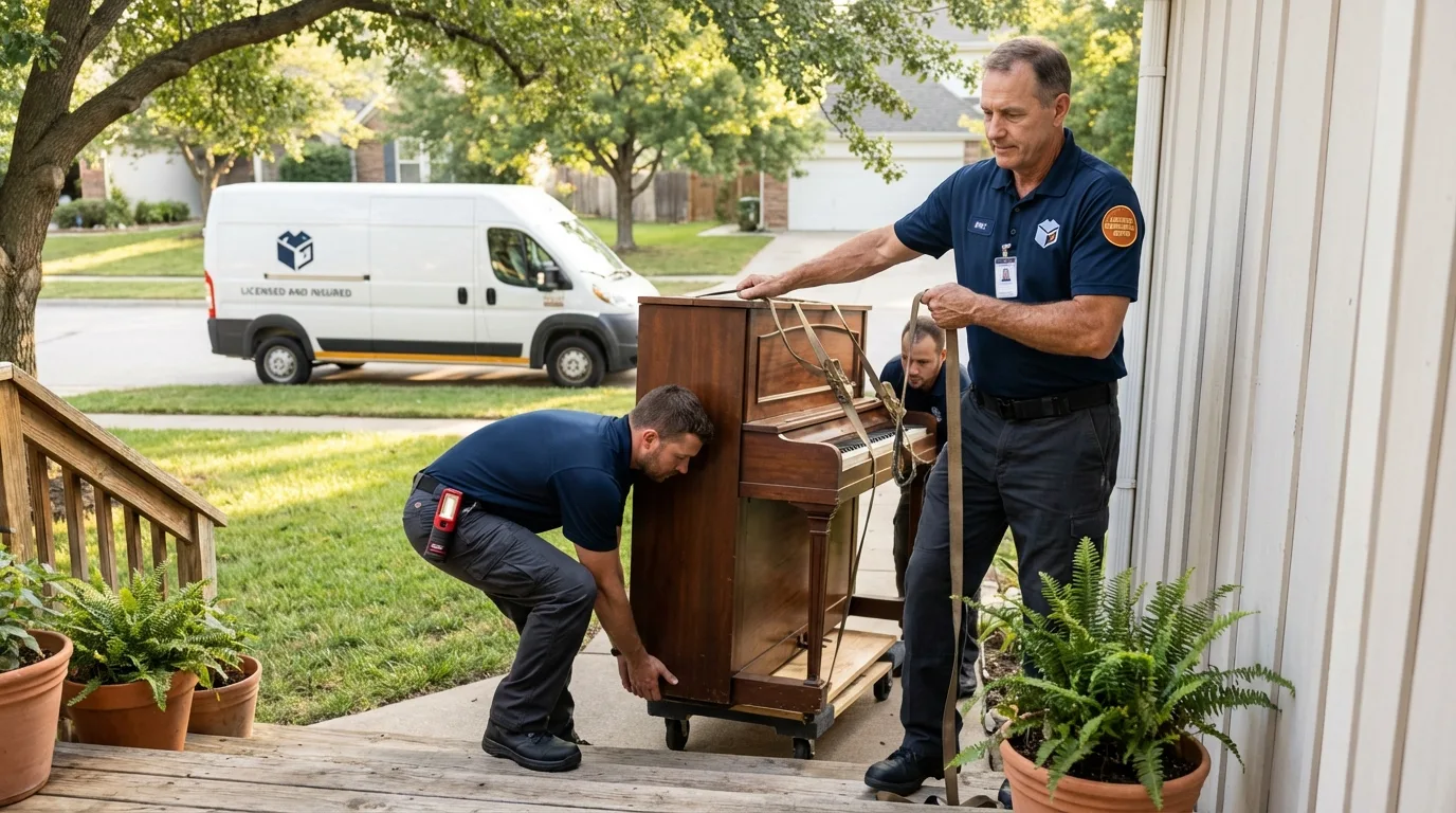 Licensed piano movers securing grand piano in Hemphill, TX