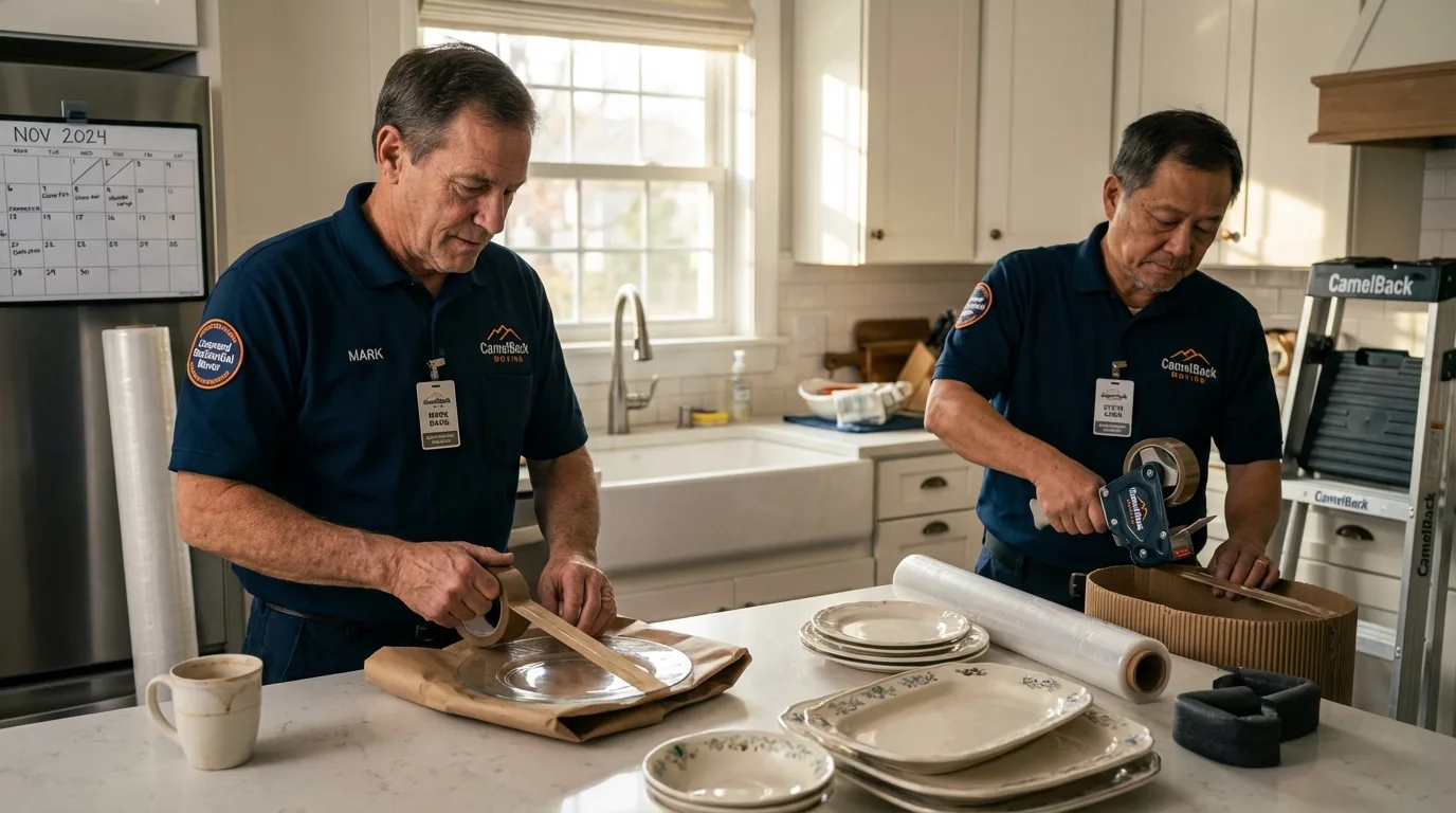 Professional crew packing kitchen dishware in Hemphill, TX